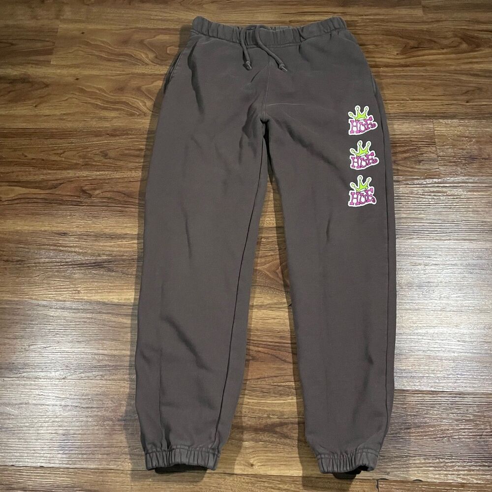 HUF Crown Stack Fleece Sweatpants Brown Tapered Drawstring Cotton Men's M